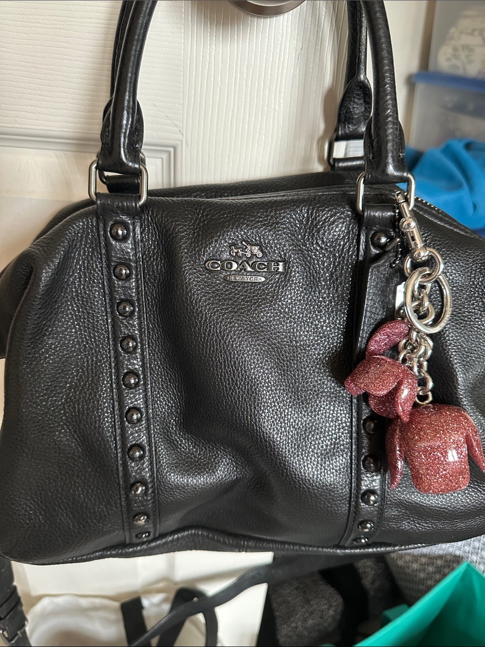 Coach Central Satchel Black Pebbled Leather Enamel Rivet Studded Bag F57513